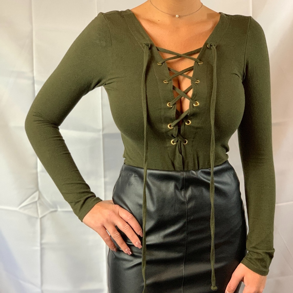 Fashion Love Brown Lace Up Long Sleeve Bodysuit - Picture 3 of 7